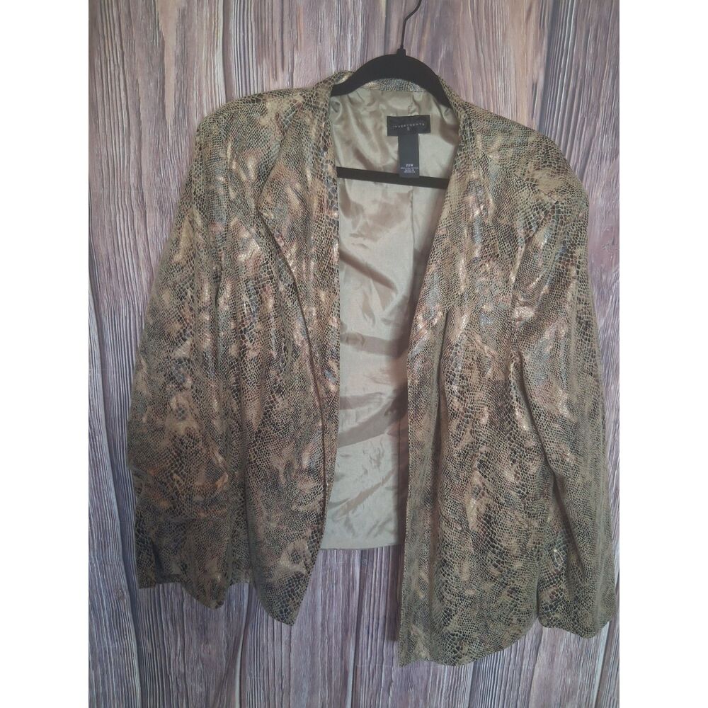Investments II 22W Faux Snakeskin Metallic Gold Brown Open Front Draping Jacket